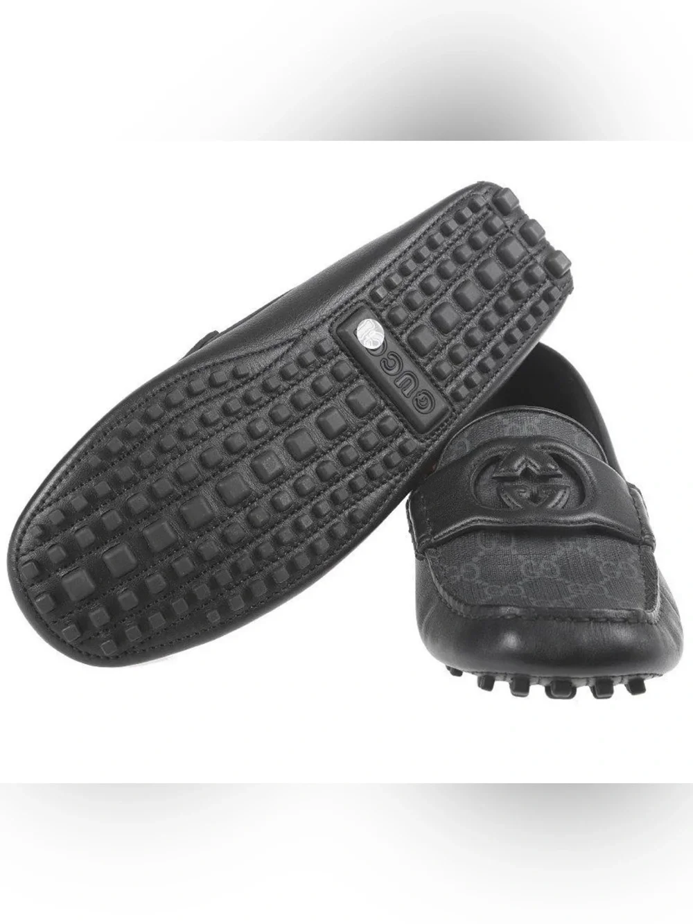 NEW GUCCI BLACK LEATHER NTELOCKING CUT OUT LOGO DRIVER MOCCASIN SHOES 6/US 6.5